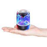 Portable Bluetooth speakers offer a column design, wireless connectivity, powerful bass, radio functionality, and variable color LED lighting.