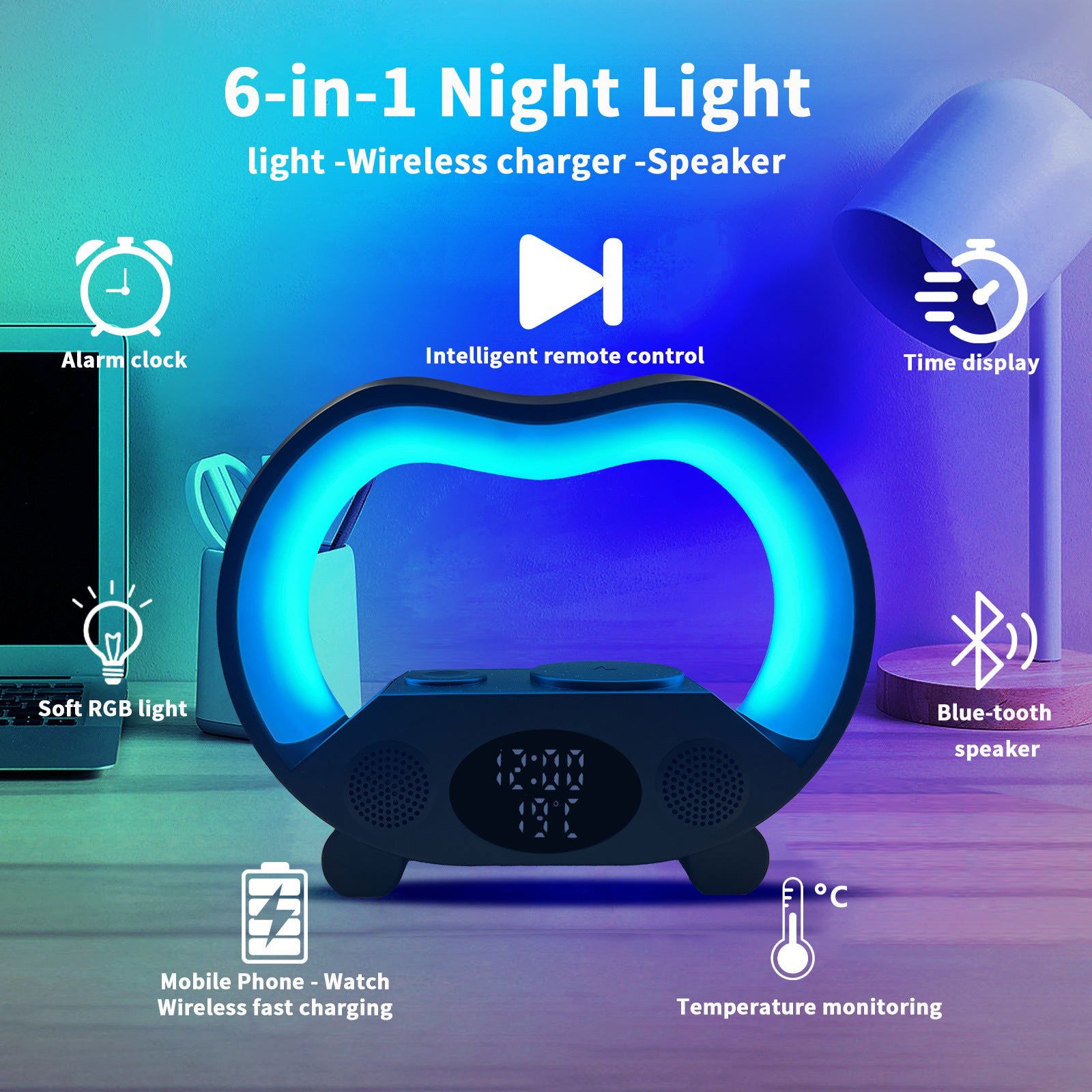 2024 New 6 In 1 Smart Remote Control Bluetooth Ambience Intelligent LED Table Lamp Multi-Function Wireless Charger Night Light Bluetooth Speaker - WAYLO-BARGAINS